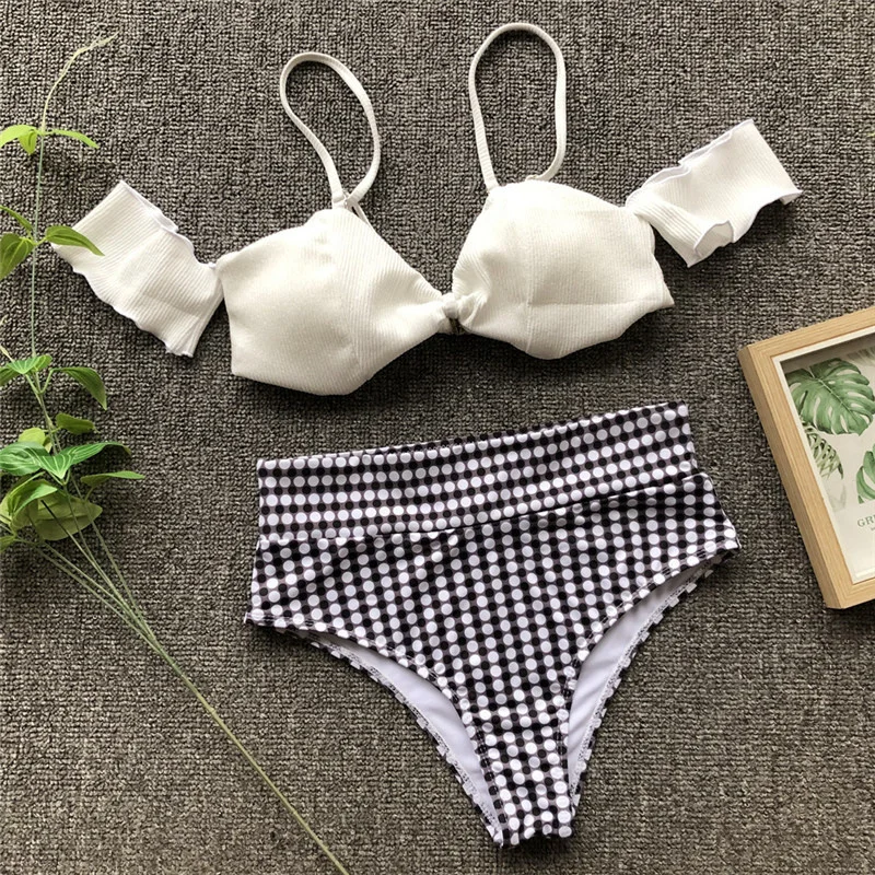 Online Sexy Retro Schwarz Weiß Plaid Bandeau Rippen Hohe Taille Bikini Set Off Schulter 2020 Badeanzug Frauen Bademode Strand Tragen Bad anzug