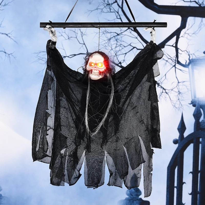 

Halloween Hanging Ghost Creepy Haunted House Props Voice Control Light Up Eyes Glowing Skull Devil Horror Halloween Decorations