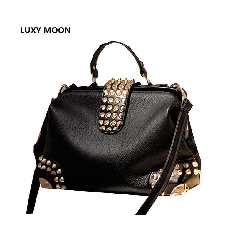 High Quality Vintage Top Handle Bag Black Fashion Women Handbags PU Leather Rivet Ladies ...