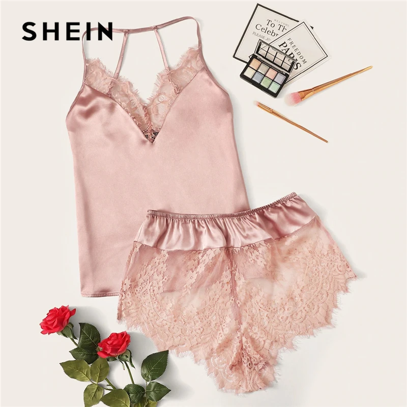 

SHEIN Lace Trim Satin Cami Top and Shorts Pj Set Set 2019 Sexy Wireless Lingerie Sets Summer Satin Women Sleepwear