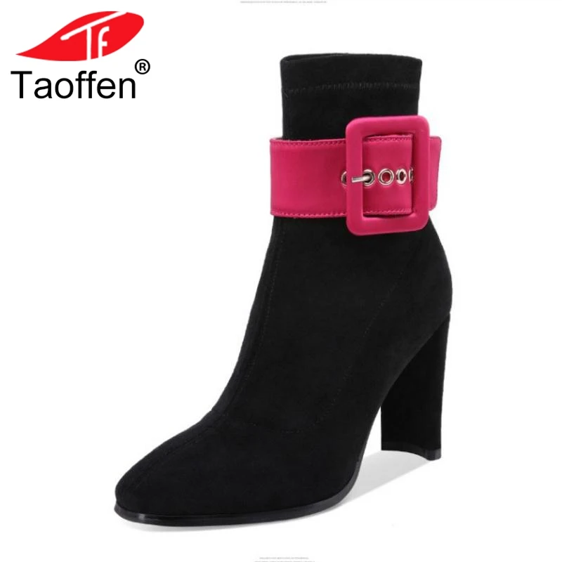 

TAOFFEN Real Leather Women Winter Boots Sexy Buckle Winter Shoes Women's Square Toe High Heels Ankle Boots Size 33-40