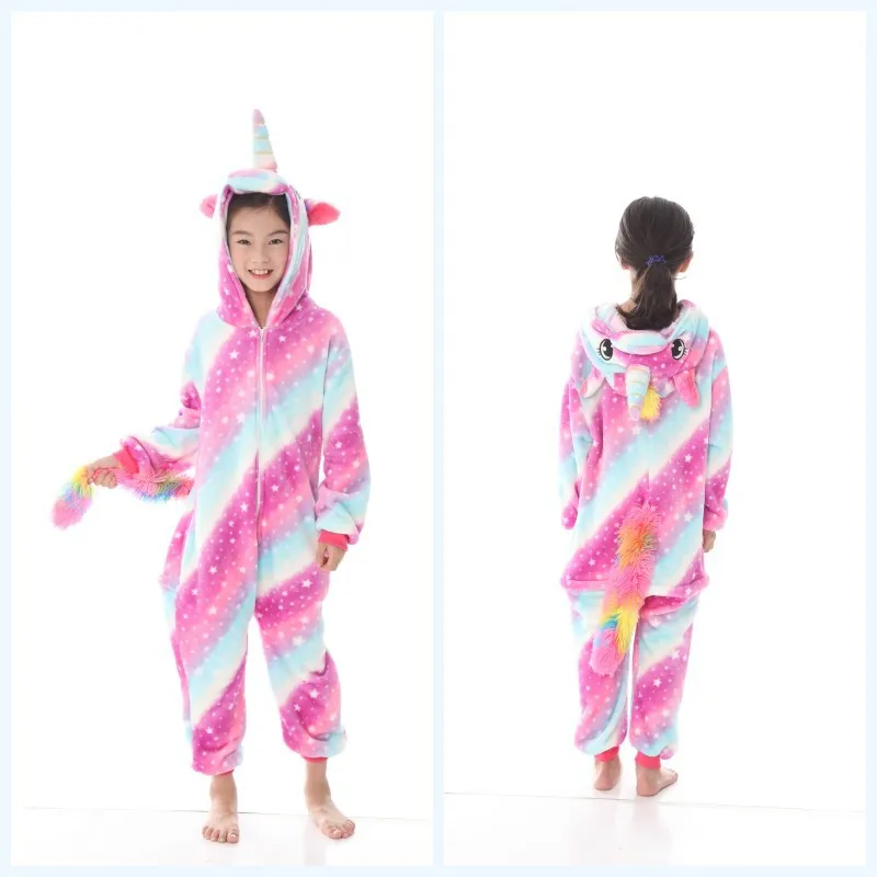 Новогодняя зимняя фланелевая Детская Пижама для мальчиков и девочек детская одежда для сна с рисунками животных розовая пижама с капюшоном для косплея единорога