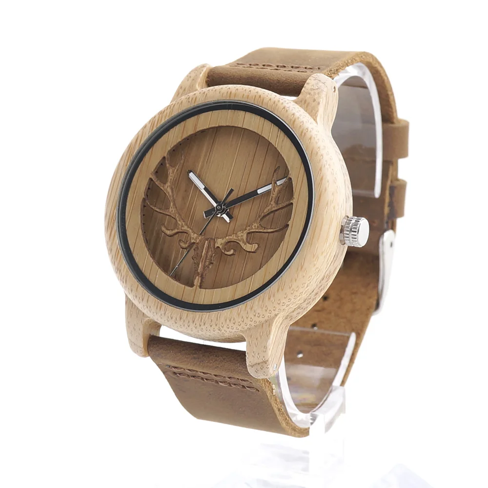 BOBO BIRD A27 Skeleton Watch With Deer Buck Head Design Bamboo Wood Quartz Watches With White Real Leather Band in Box Relogio