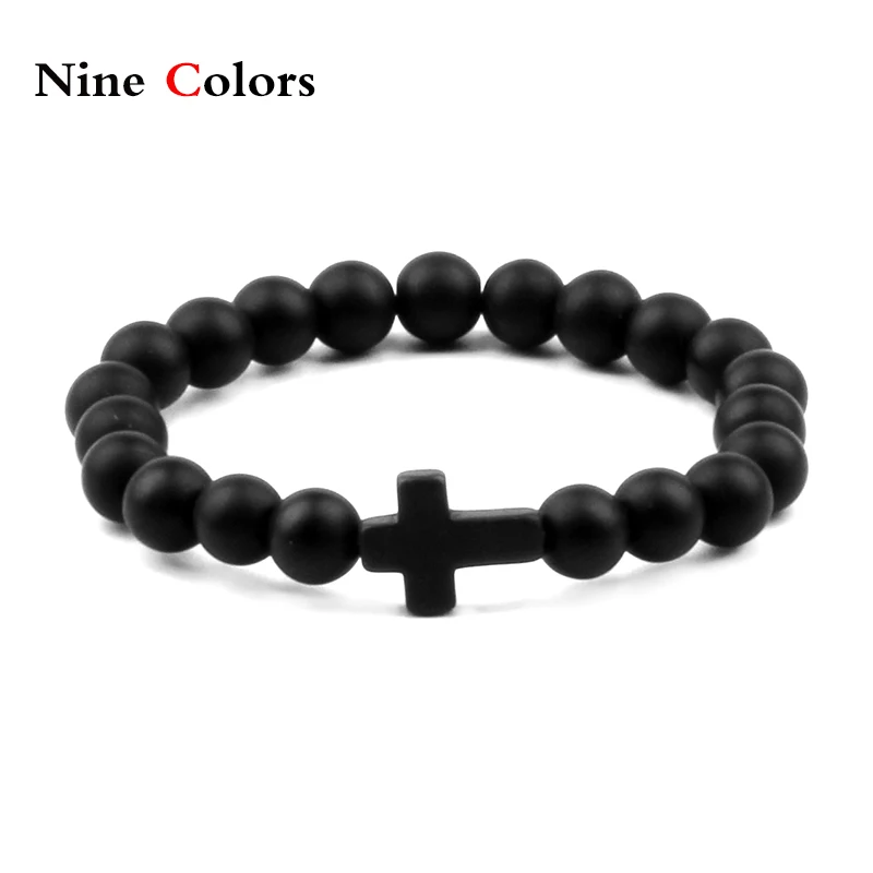

Charm Natural Stone Bracelet Cross Black Lava Matte Beaded Bracelets Handmade Men Women Prayer Fitness Chain Couple Jewelry Gift