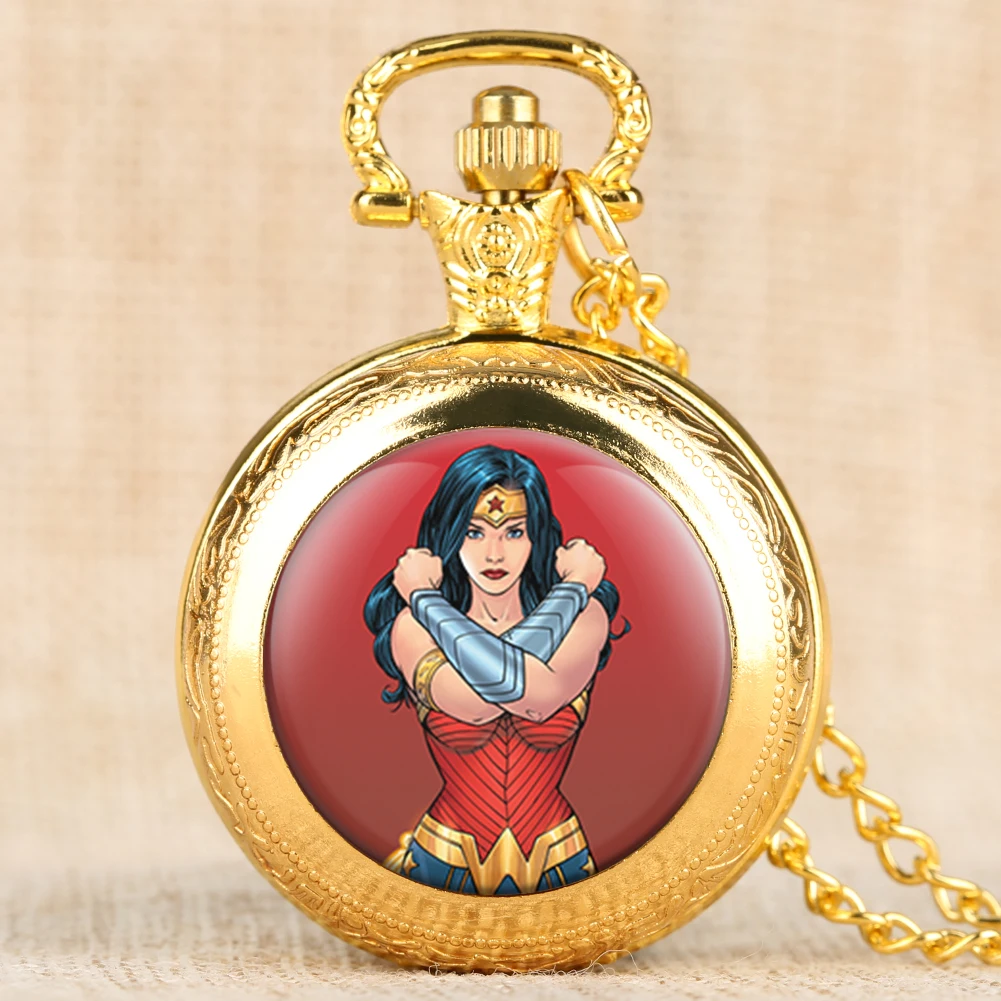 Superwomen Pattern Quartz Pocket Watches Movie Theme Pocket Watch Necklace Chain Arabic Numerals Dial Pendant Clock Men Women - Цвет: 3