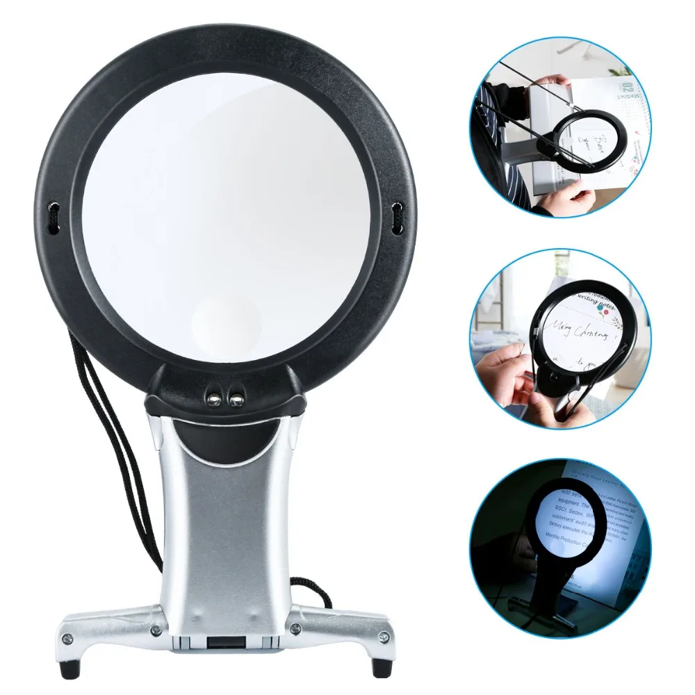

Best Gift With Practical Use For The Elderly Magnifying 2LED Optical Lens Hands Free Lighted Reading Magnifier Neck Hang/Desk St