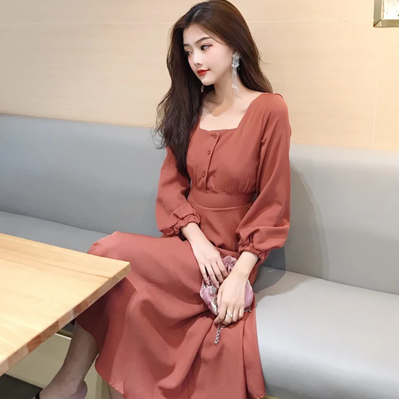 

Spring Square Neck Buttons a Line Dress Midi Puff Sleeve Midi Dress Princess Robe Femme Vestido Mujer Vestiti Donna