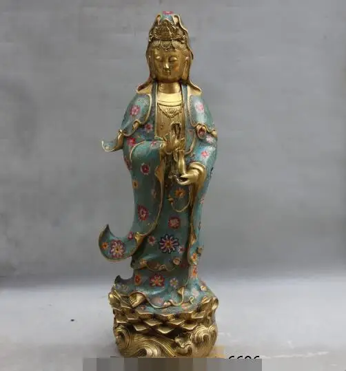 

S00217 Tibet Bronze Cloisonne Sea Lotus Kwan-yin Bodhisattva Guanyin Buddha Vase Statue