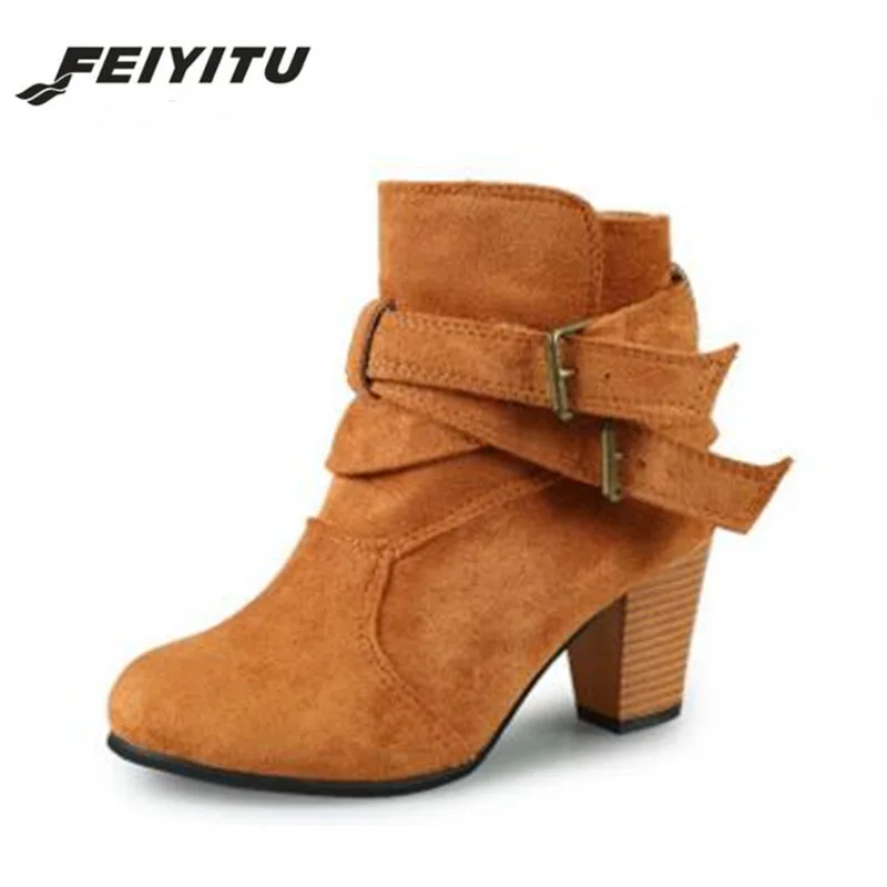 

FeiYiTu Women Flock Ankle Boots Zipper Round Toe Buckle High Heels Autumn Winter Ladies Warm Boots Plus Size 35-42 black brown