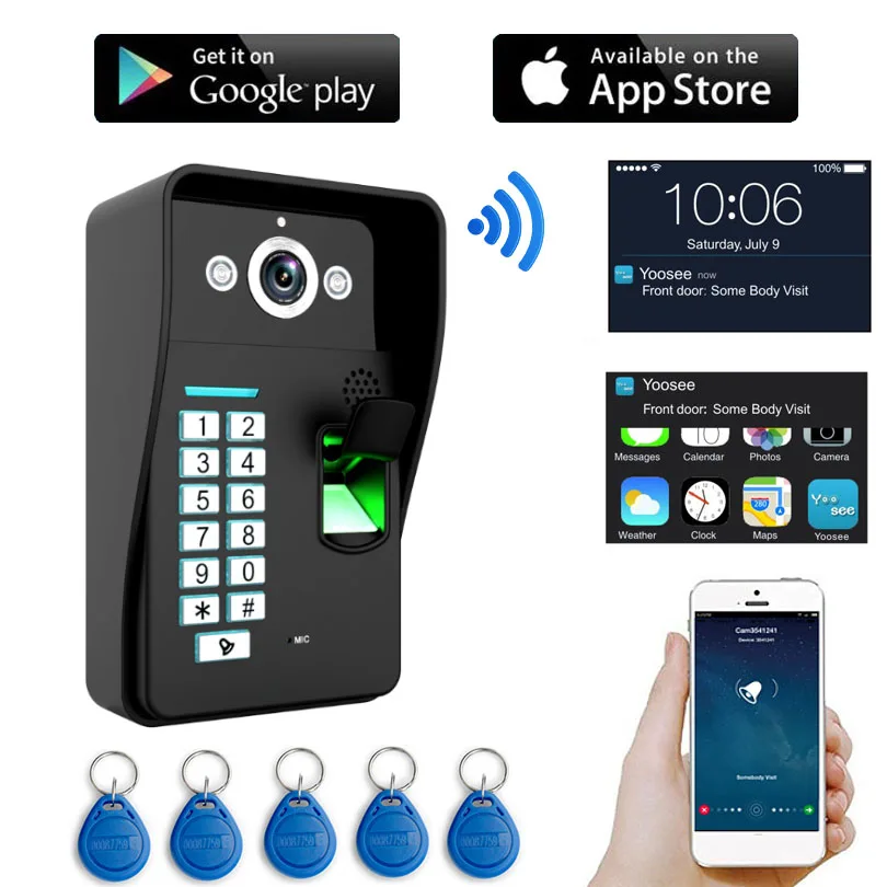 Видеодомофон HD 720P беспроводной Wi Fi RFID сканер отпечатка пальца|video door phone|video phone