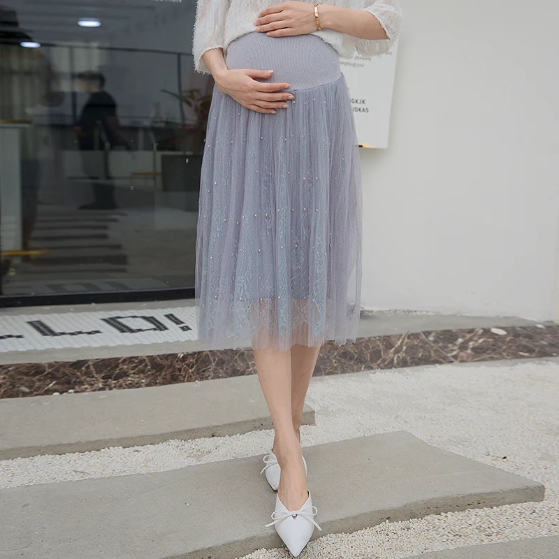 

8508# Aristocratic Ladies Beaded Guaze Maternity Skirts Elastic Waist Belly Clothes for Pregnant Women Summer Pregnancy Bottoms