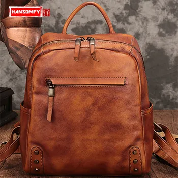 

2020 New Genuine Leather Women Backpacks Large-capacity Shoulder Bag Female Fashion Retro Wild Men's Backpack Travel Bags Solid