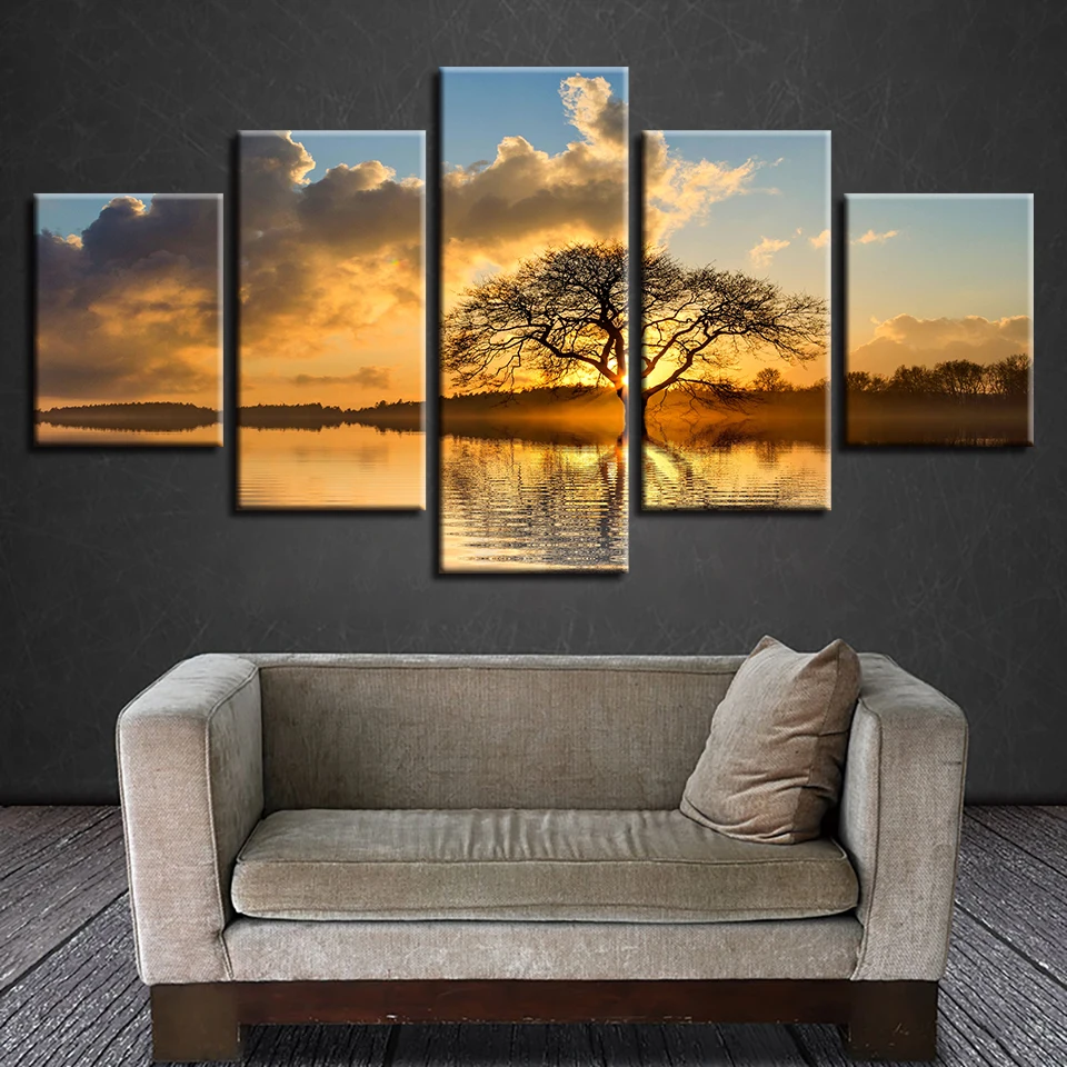 

Canvas Poster Wall Art Framework 5 Panel Sunset Lake Tree Landscape Painting Modular HD Print Pictures Modular Living Room Decor