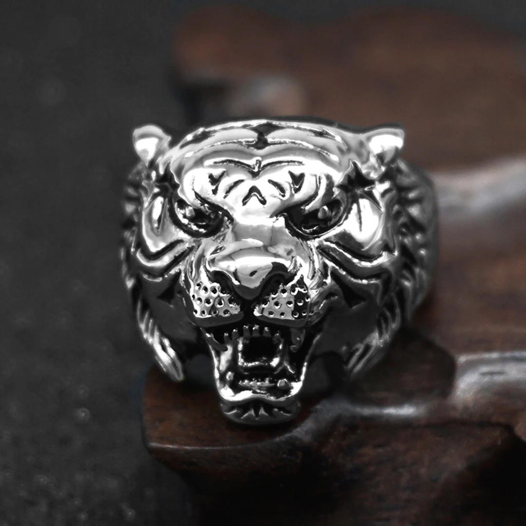 MagiDeal Men Stainless Steel Punk Ring Vintage Gothic Biker Tiger Head Band US Size 7-13