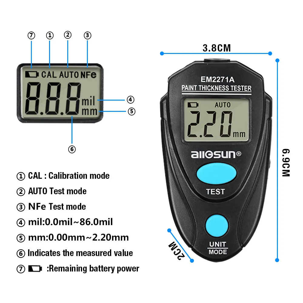  all sun all-sun EM2271 EM2271A Digital Mini Automobile Thickness Gauge Car Paint Tester Thickness C