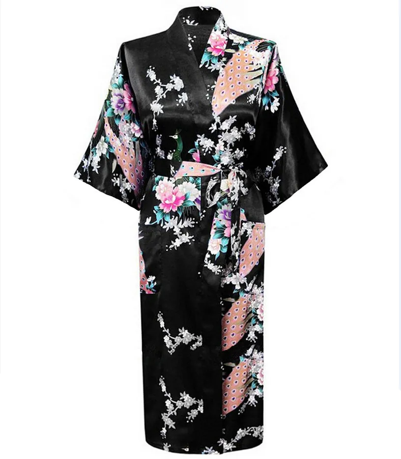 Фиолетовый женский халат из искусственного шелка для свадьбы, невесты, подружки невесты Пижама для сна кимоно летний банный халат плюс Размеры S M L XL XXL XXXL - Цвет: Черный