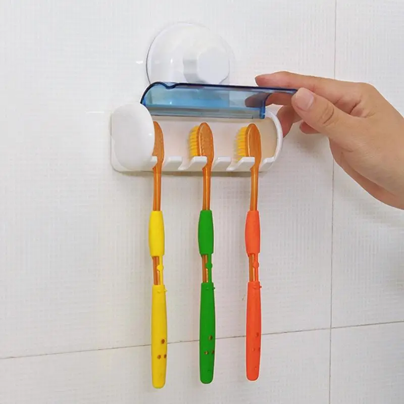 AsyPets Wall Mount Suction 5 Toothbrush Holder Stand Rack With Cover