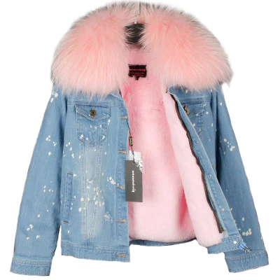 NewBang/брендовая джинсовая Женская Роскошная куртка с капюшоном и большим воротником из меха енота; теплая меховая теплая парка; зимняя куртка для женщин - Цвет: pure pink fur