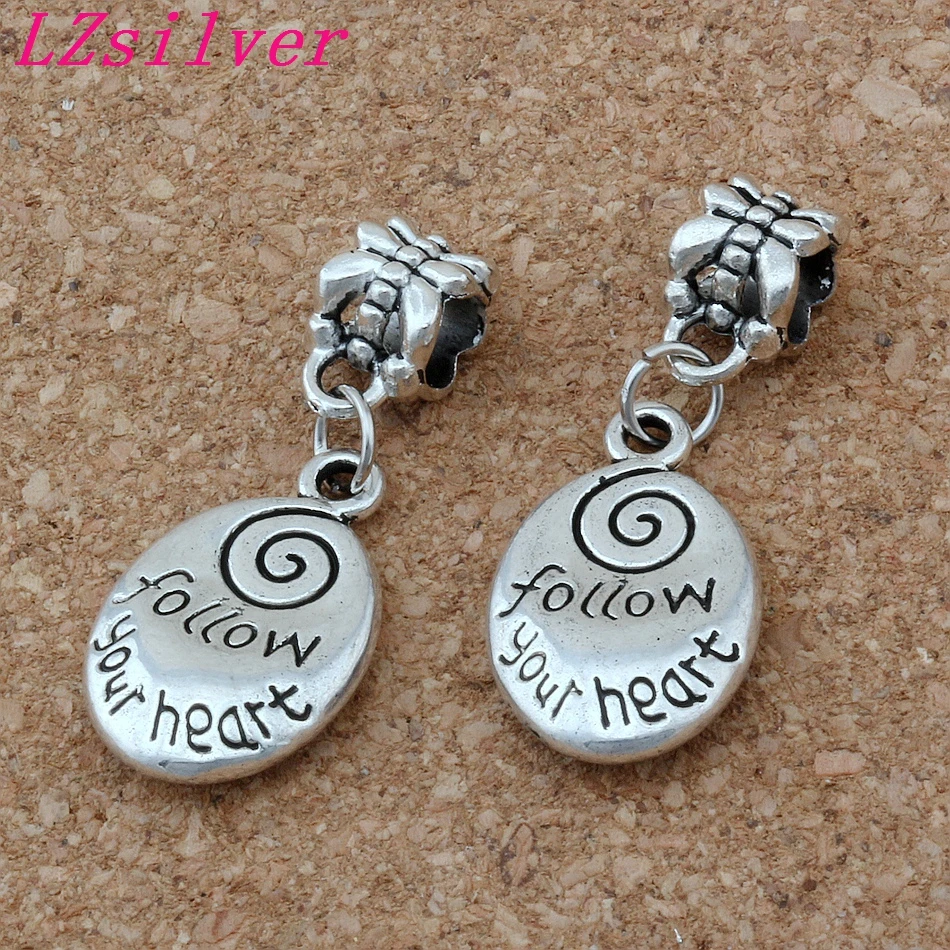 

100Pc Ancient silver Alloy Oval " follow your heart "charm Big Hole Beads Fit European Charm Bracelet Jewelry 12.5x32.5mm A-160a