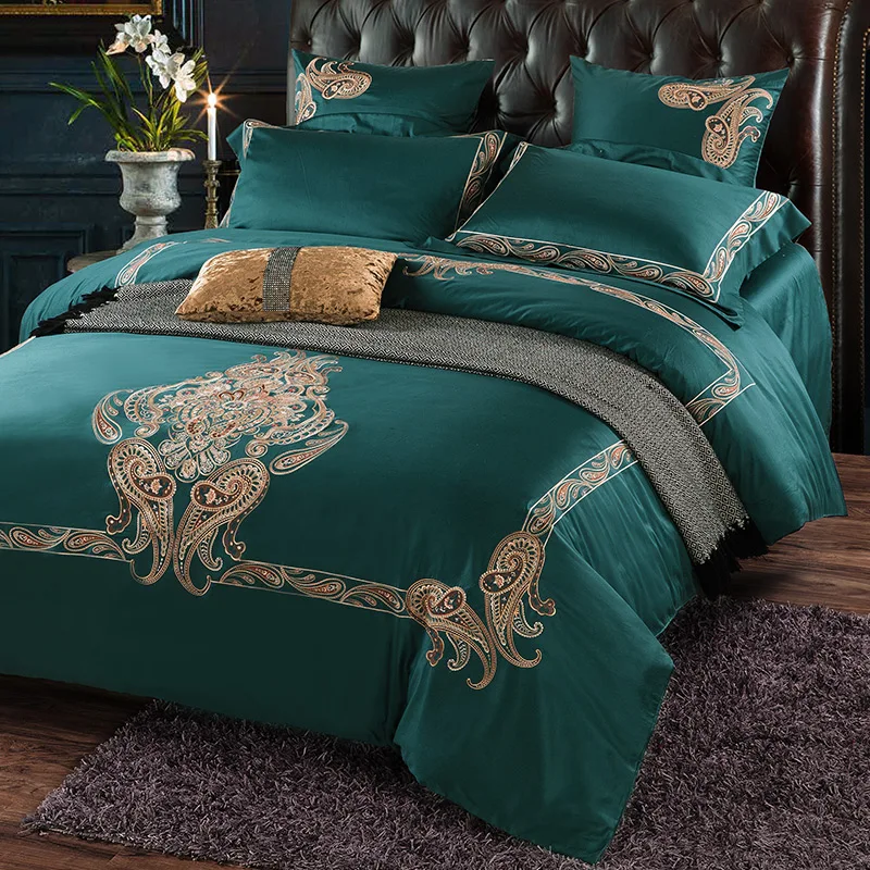 Waliicorners 60SEgyptian Cotton Embroidered Luxury Royal Bedding Set 4/6Pcs King Queen Size Duvet Cover Bed Sheet set Decorative Pillowcases 38 7