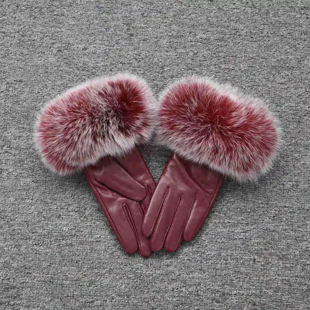 Женские перчатки из натуральной овечьей кожи с лисьим мехом женские зимние теплые варежки с сенсорным экраном S2002 - Цвет: Wine Red