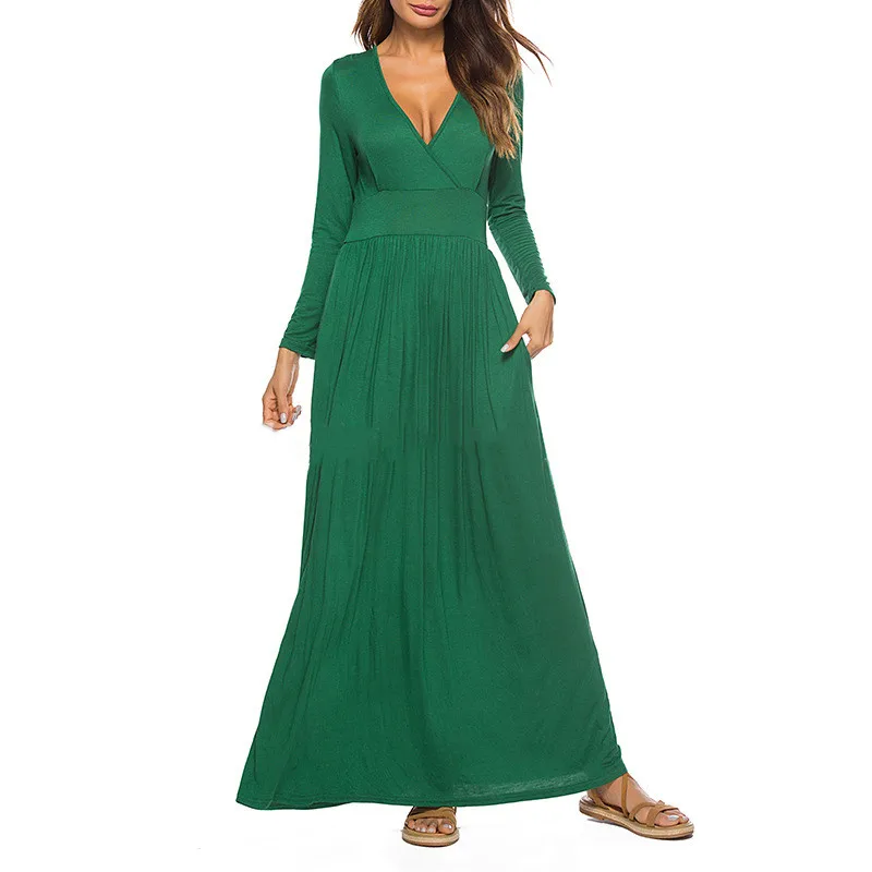 

Green Dress Women 19 New Autumn Winter Fashion V Neck Slim Black Plus Size Long Sleeve Pockets Maxi Dress Vestido Feminina JD345