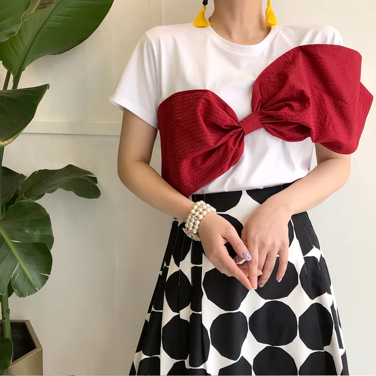 

2019 Spring and Summer Cotton Causal T-shirts High Street Short Bow Solid O-Neck T-shirts Sweet Women T-shirts