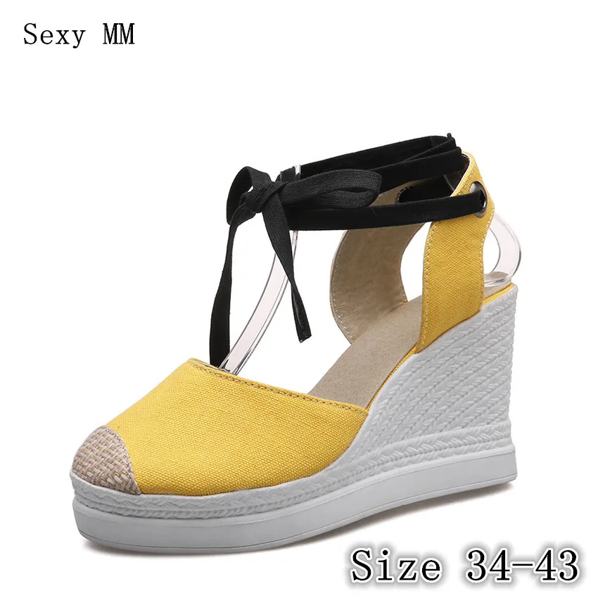 baratas Mulheres lona Plataforma Alta Sandálias de Cunha Sapatos de Salto Alto Mulher Verão saltos Wedges Gladiator Sandals Plus Size 34 40 41 42 43