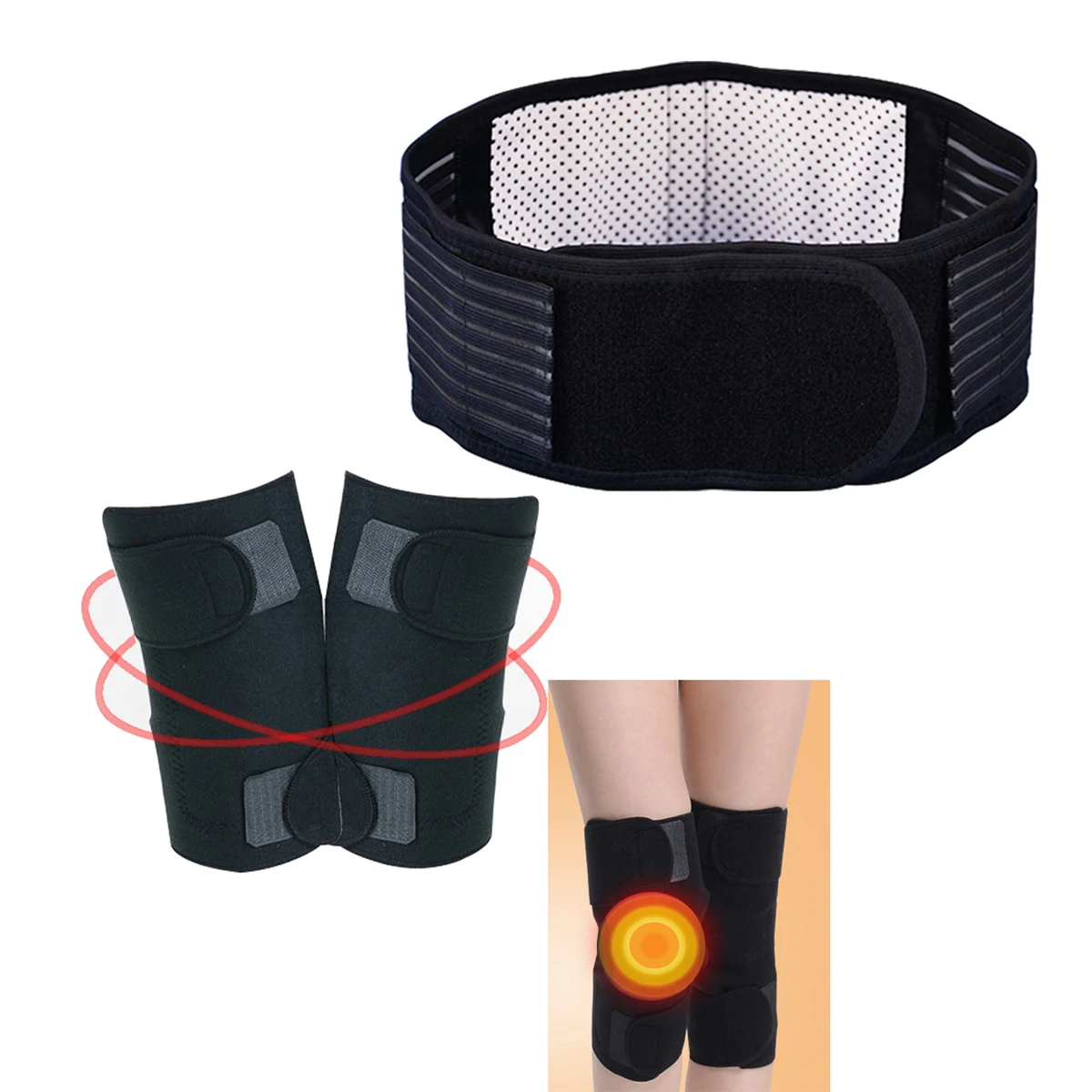 1pcs Tourmaline Self Heating Massage Magnetic Waist Belt + 1pairs 32 Magnets Keep Warm Knee Brace Support Pain Relief
