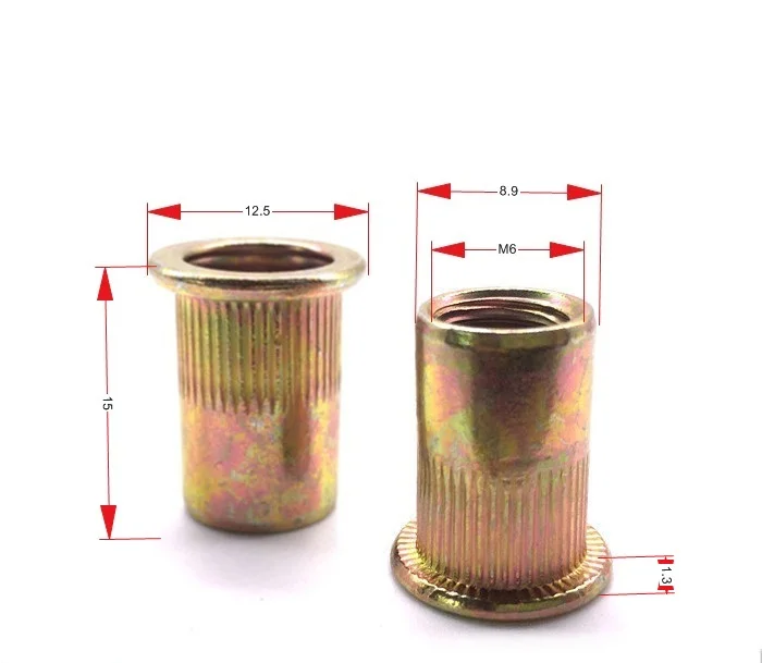 

promotion 50pcs/lot M6*15 Flat head rivet nuts knurled nut color zinc plated