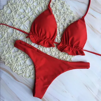 

2019 Strappy Bikini Red Swimsuit Female Bather Ruffle Bikini Set Swimwear Women Bikini Trikini Bathing Suits Swim Suit Bikinis