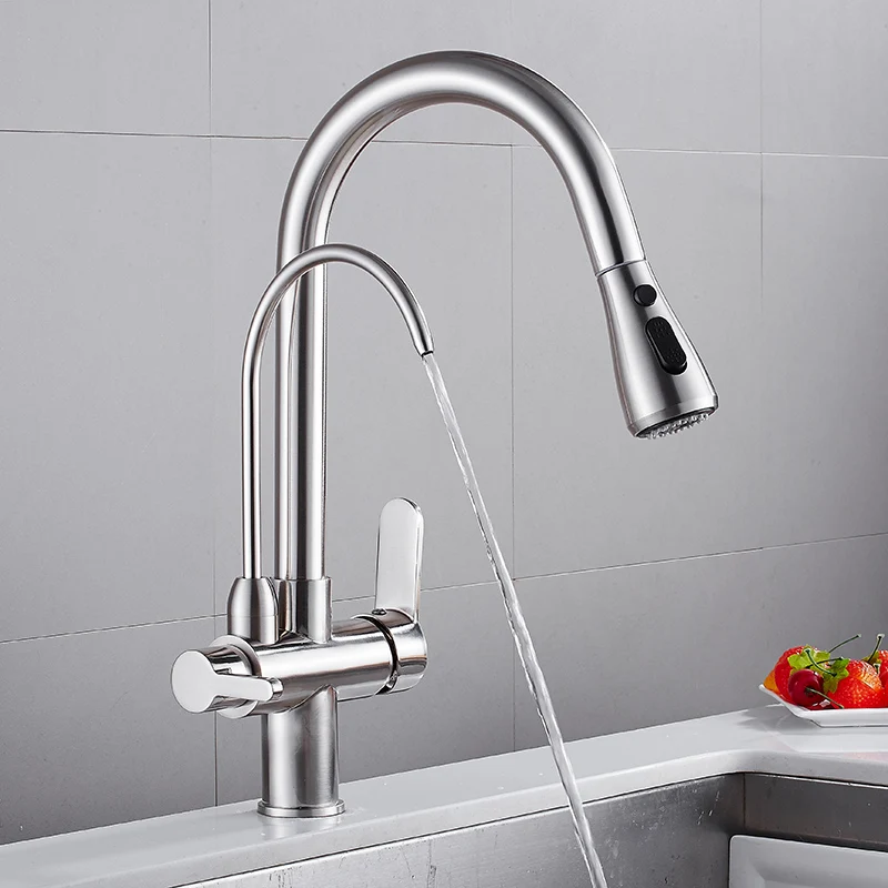  Deck Mounted Black Kitchen Faucets Pull Out Hot Cold Water Filter Tap for Kitchen Three Ways Sink M - 32992383959