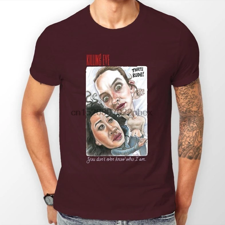 

Killing Eve Caricatures on Mens Unisex Burgundy T Shirt. men t shirt