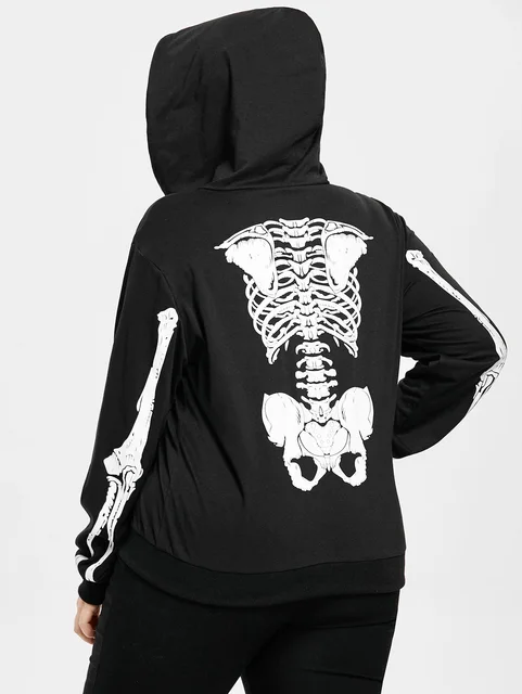 kenancy plus size halloween hoodies women skeleton pattern zip up hoodie sweatshirt casual hooded outwear big