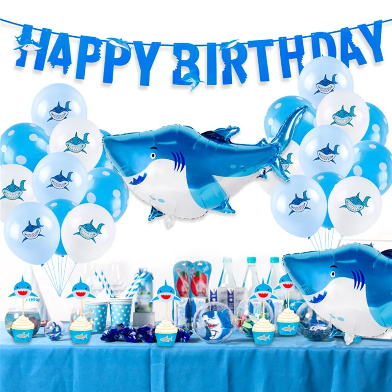 Акула шар 1-й День рождения украшения Дети Мальчики акулы океан бумажные тарелки для вечеринки салфетки чашки, ребенок, душ принадлежности