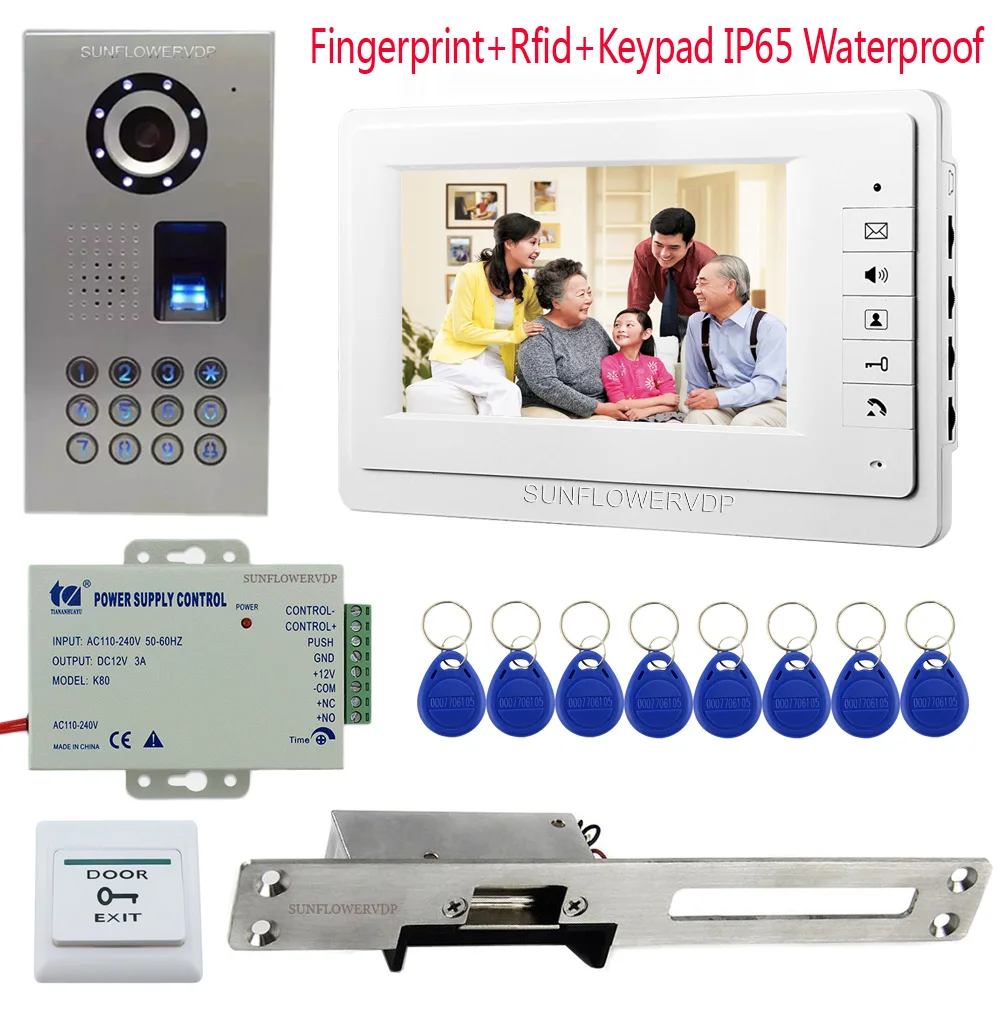 

Fingerprint Rfid Keypad Home Intercom Video-Eye Door Phone 7" Color Monitor Video Door Bell + long Plate Electric Strike Lock