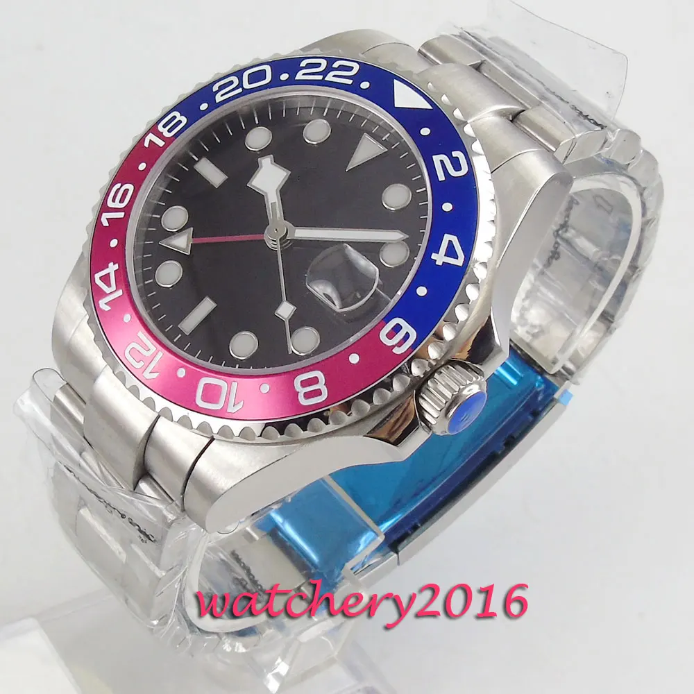 

40mm PARNIS Black Sterile Dial Sapphire Glass GMT luminous Hands Romantic Sweet Date window Automatic Movement men's Watch
