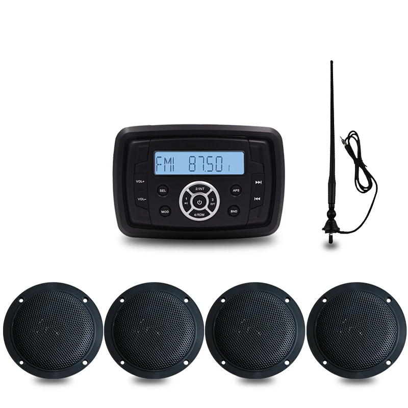 

Marine Waterproof Stereo Boat Audio Bluetooth Radio FM AM USB MP3 Player for Motorcycle Auto ATV UTV 2 Pairs 4" Speaker+ Antenna