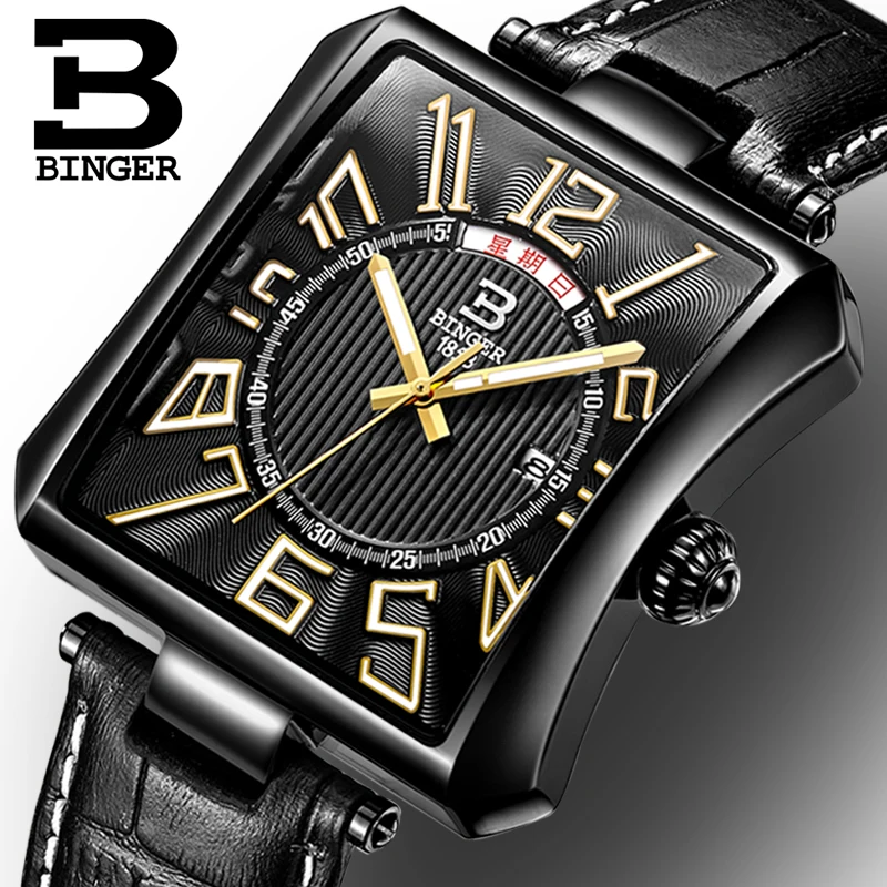 

Business Men Watch Men Waterproof Leather Rectangle Quartz Wristwatch Male Clock Relogio Masculino BINGER Brand