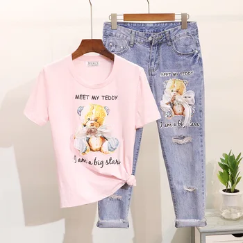 

Spring Summer New Women's Cartoon Small Bear Short Sleeve T-shirt + Break Holes Jeans Two Piece Suit Students Denim Pants Set