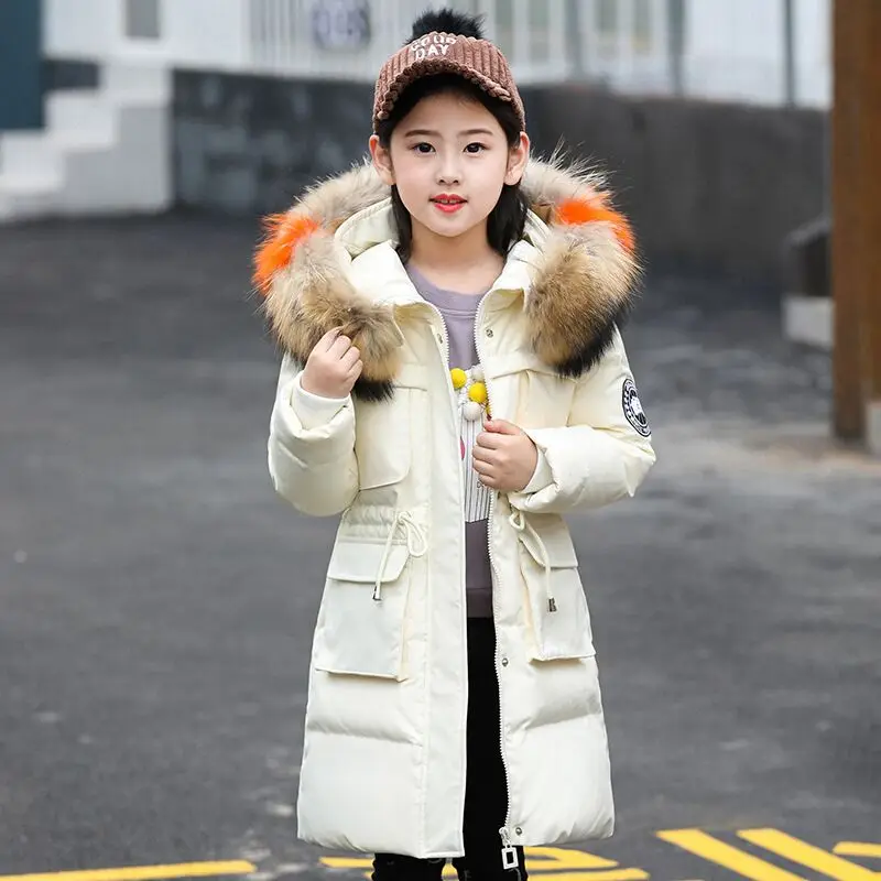 

2018 Winter Girl Down Jackets Parkas Thicken Girls snow wear Heavy hair collar waist belt Coats Outerwears winter -30 degree 972