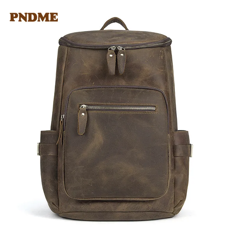 

PNDME retro crazy horse leather men's backpack large capacity genuine leather casual bag pack simple travel laptop bookbag