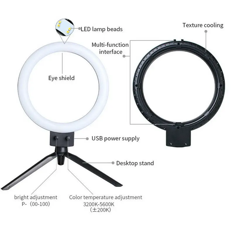 Светодиодный кольцевой светильник 7 дюймов с штативом, светодиодный светильник для селфи с регулируемой яркостью для фотосъемки Youtube