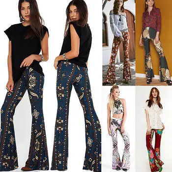 

Women Boho Printed High Waist Stretch Slim Flare Bell Bottom Pants Long Trousers