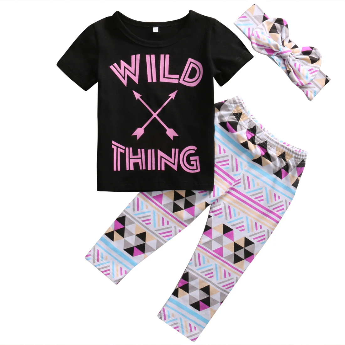 

Summer 2017 3pcs Toddler Kids Baby Girl T-shirt Tops +Geometric Long Pants Headband Outfit Set Clothes