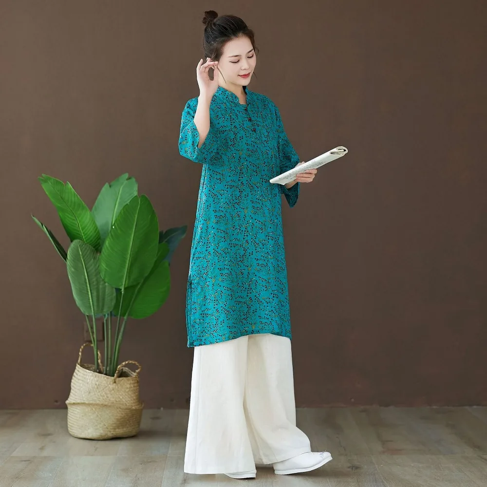 LZJN 2019 Autumn Blouse Long Sleeve O-Neck Chinese Style Shirt Ethnic Ladies Cotton Tunic Tops Floral Blouses for Women 2 Colors (13)