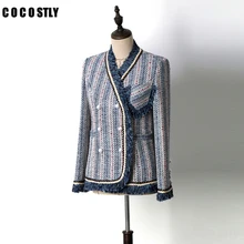 Осенняя куртка для женщин Шерстяная Смесь твидовая куртка пальто для женщин двубортный жемчуг v-образный вырез женская кисточка Высокая талия женские куртки