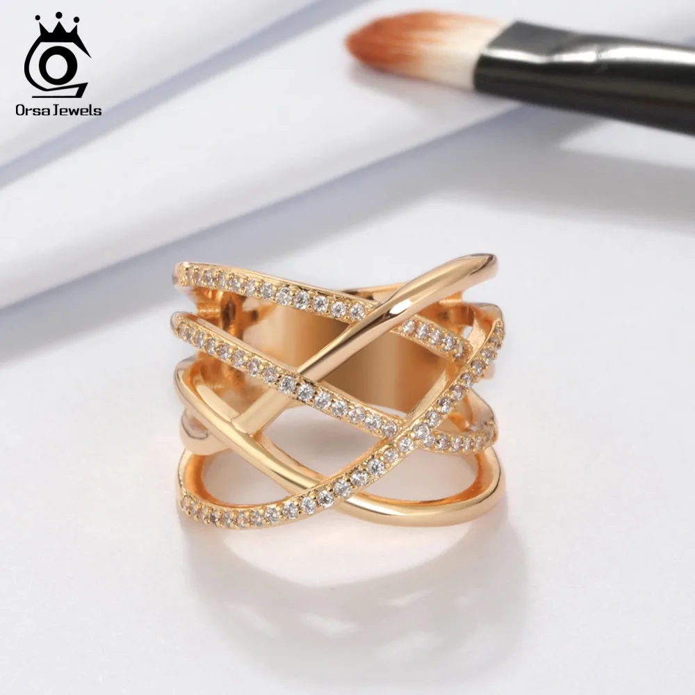 

ORSA JEWELS Women Ring Stack Style AAA Shiny Zircon Silver Color Rose Gold Color Gold-color Female Rings Jewelry Gift ROR85