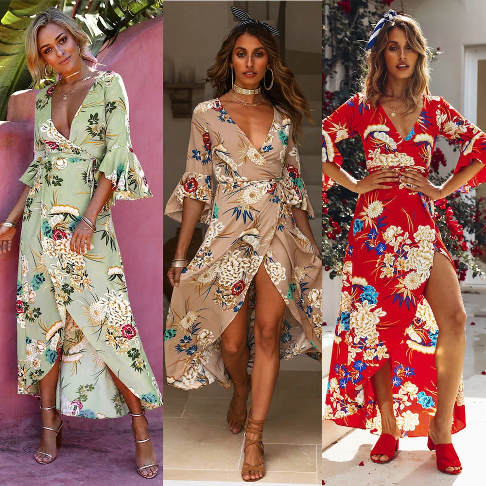 

2019Top Summer Dress Womens Summer Beach Sundress Floral Boho Evening Party Long Maxi Dress