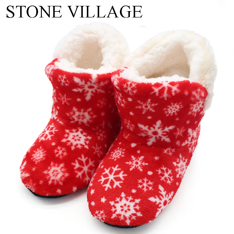 Каменная деревенская обувь; ; теплые плюшевые тапочки со снежинками; домашняя обувь на мягкой подошве; женские тапочки; цвет черный, красный, серый
